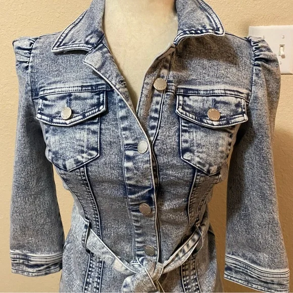 VENUS Button Front Light Blue 1/2 Sleeve Midi Denim Tie Waist Dress Size 2 - Picture 3 of 14